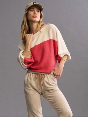 Super Cute Anthropologie Colorblock Crewneck Sweater in Cream & Coral Pink